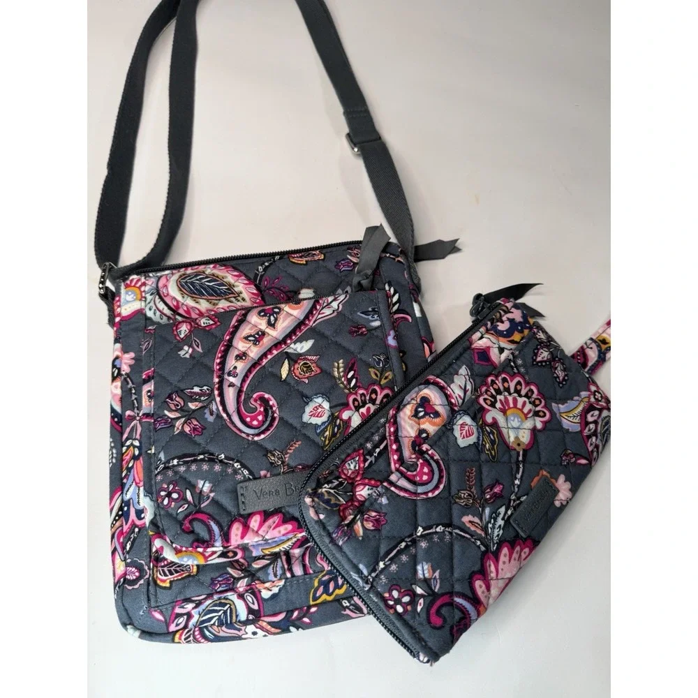 Vera Bradley Quilted Paisley Crossbody Shoulder Bag Gray Pink Floral & Wallet